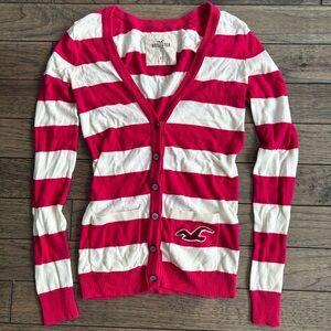 Vintage Y2K Hollister Women's Bold Pink and White Cardigan